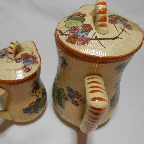 Rare Vintage 2 Japanese Majolica style matching pitchers floral hand painted ๐ฅ - Picture 10 of 15